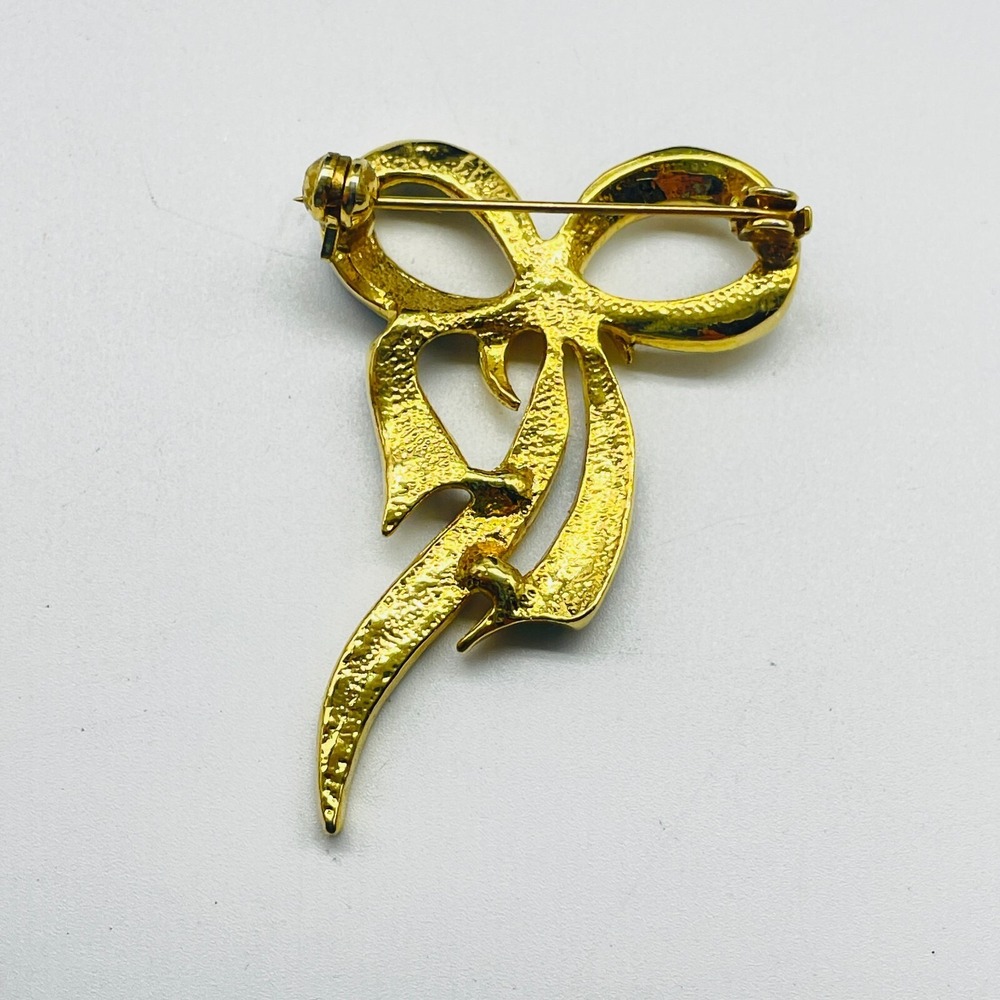 Vintage Black Enamel Bow Brooch Gold Tone Ribbon Fashion Statement Pin - Picture 5 of 6